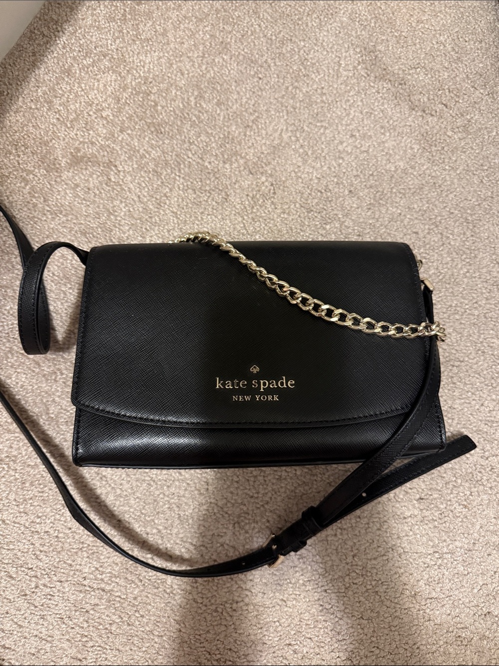 kate spade Black Leather Crossbody with Gold Chain Accent